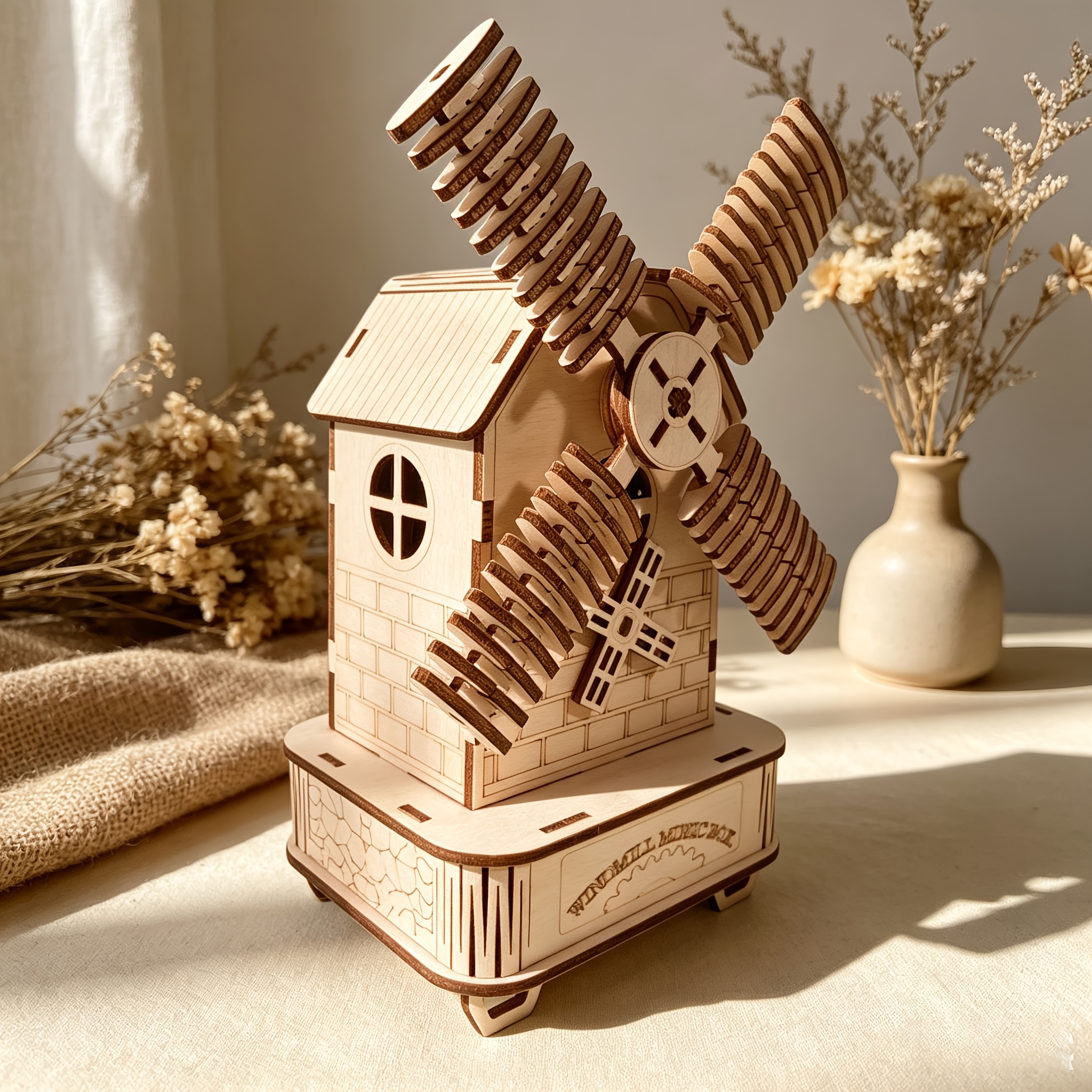 3D Wooden Windmill Music Box Kit, Vintage Design